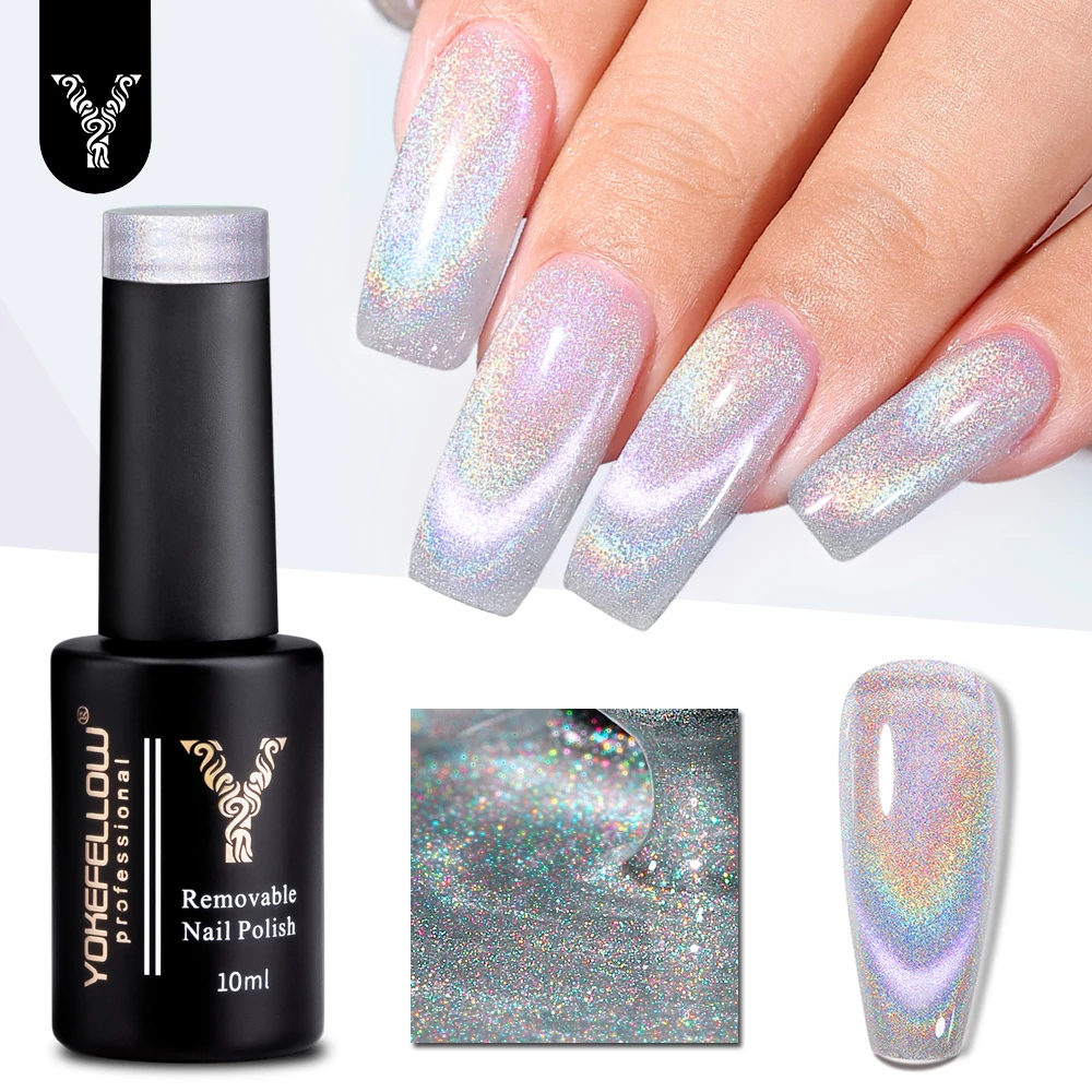 YOKEFELLOW Rainbow Cat Eye Gel Polish Magnetic Omnipotent Silver Holographic 9D Cat Magnetic Gel Nail Polish Sparkle Gel Polish