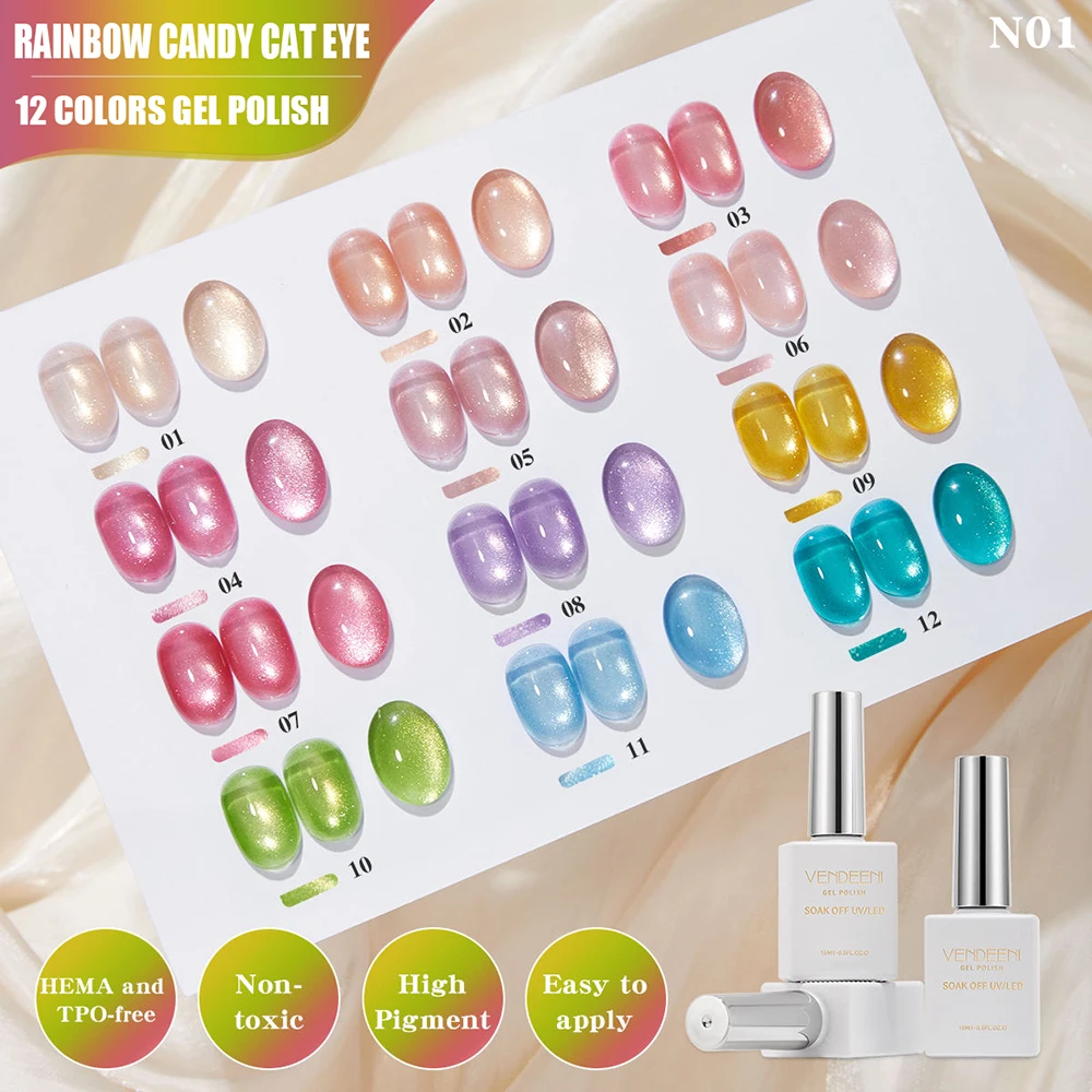 Vendeeni TPO HEMA FREE 12 Colors/Set Crystal Cat Eye Gel Nail Polish Rainbow Candy Magnetic UV Soak Off Gel Varnish With Display