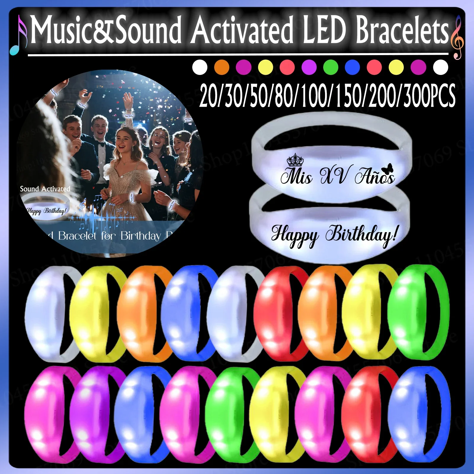 20-300Pcs Mis XV Años Light up Bracelet Music & Sound Activated Led Bracelet for Birthday Party 15 Years Girl Birthday Bracelet