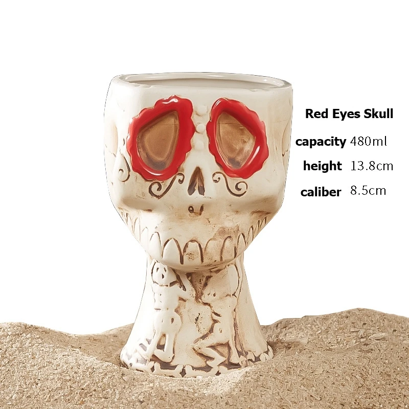 Hawaii Ceramic Tiki Mug Creative Cocktail Cup Easter Island Tiki Mugs Halloween Gift for Bar Tool 480ML Red Eyes Skull