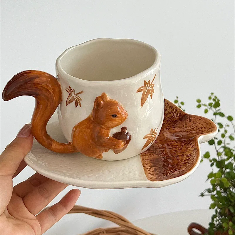 Squirrel Mug Porcelain Cup&saucer Coffee Mug Dining Table Flower Mugs Afternoon Tea Teacup Fruits Juice Cup