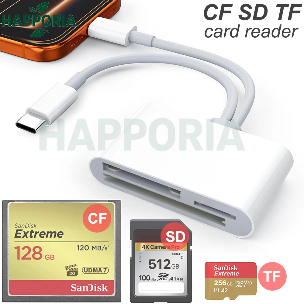 HAPPORIO NEW 2026 Type C CF SD TF Memory Card Reader OTG Adapter for iPhone 17 16 15 Android MacBook Laptop Camera Driver-Free