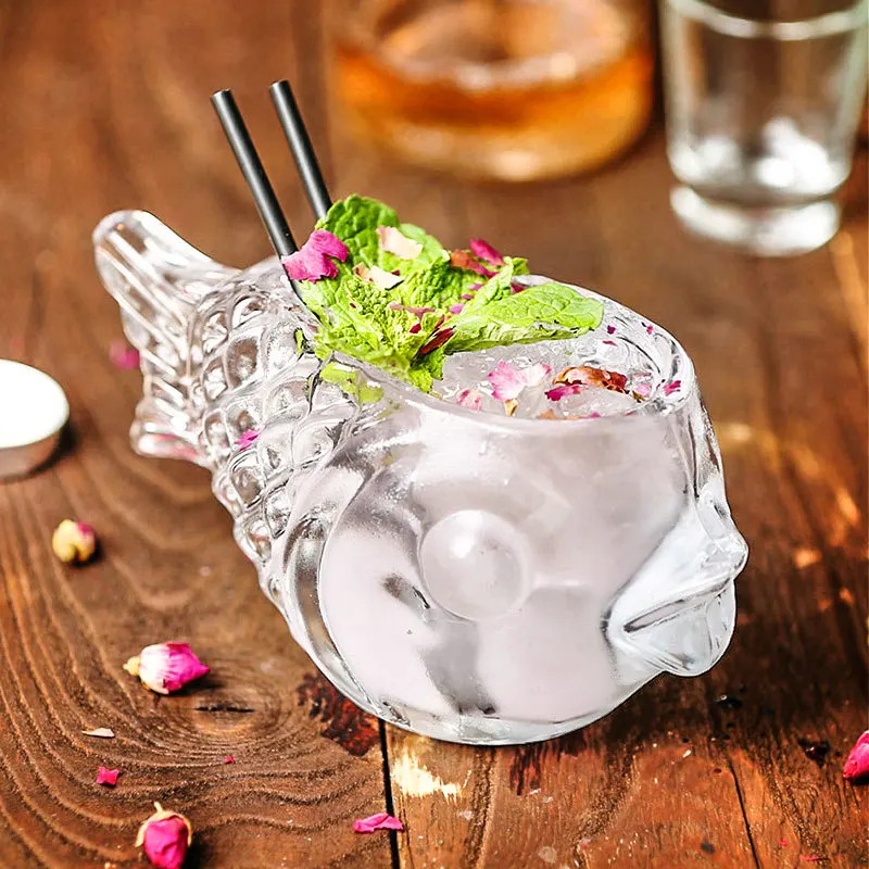 Creative 3D Transparent Fish Shape Bar Cocktail Glass Party Thick Heavy Lovely Smoothies Bowl Cup Cold Drink Tiki Mug Bar kit
