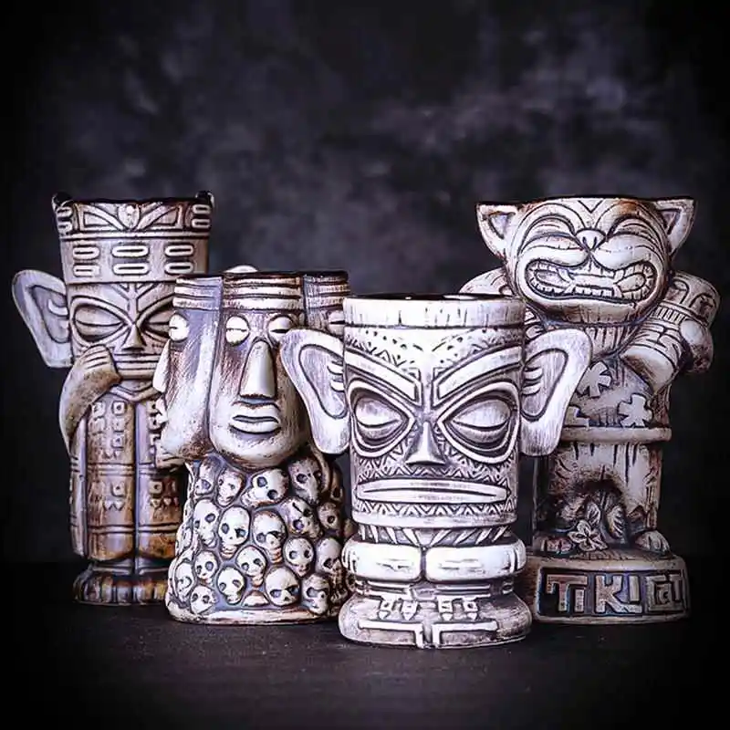 Ceramic Tiki Mug Ancient Totem Face Cocktail Cup Creative Tropical Drinkware Mask Wine Glass Home Party Bar Decor