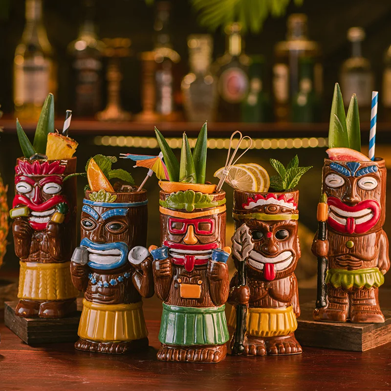 Hawaiian Style Brown Tiki Mug Creative Cocktail Mug Cup Zombie Ceramic Tiki Mug Drinkware Cup Mug For Tiki Bar Party