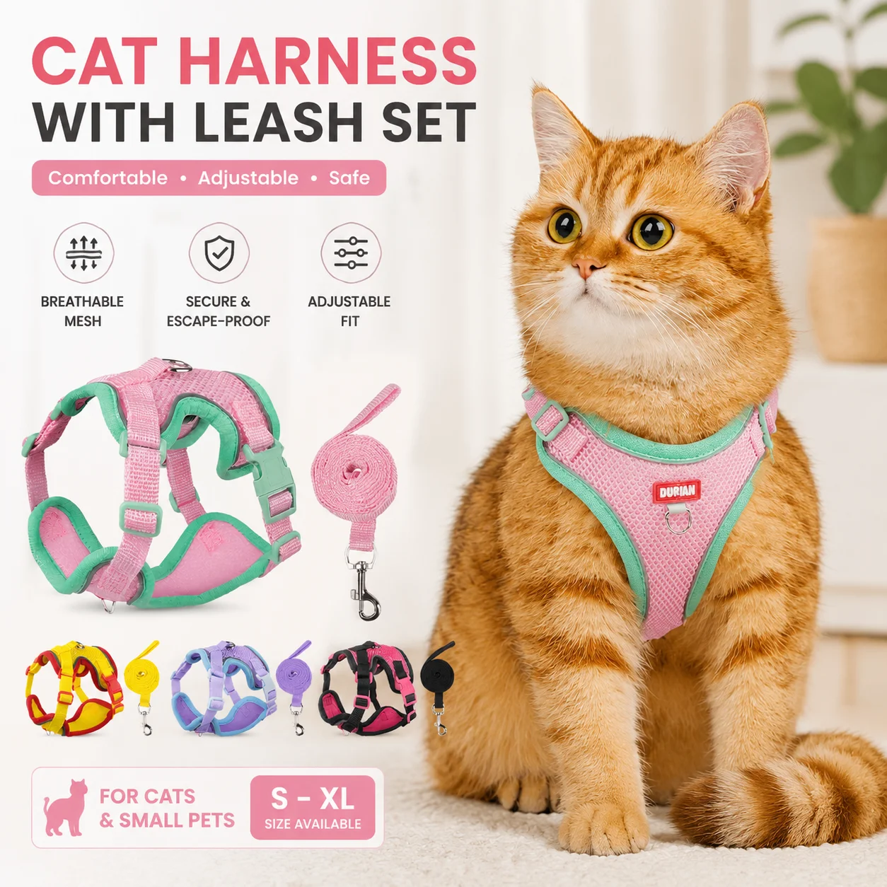 Lightweight Cat Harness and Leash Set, Soft Breathable Escape Proof Vest for Kittens & Adult Cats, Adjustable Safe Walking