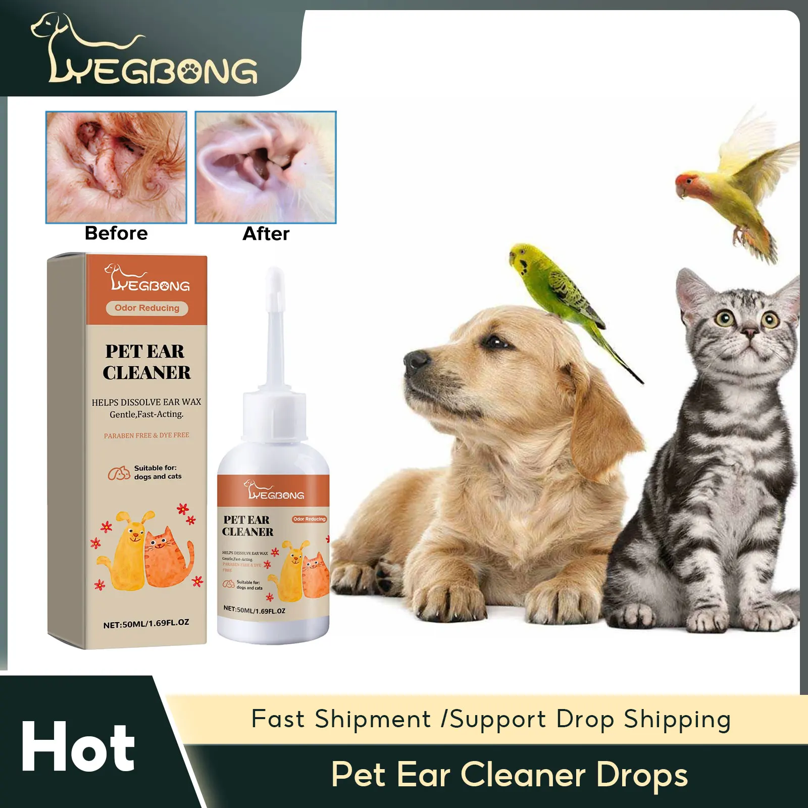 Pet Ear Cleaner Drops Cats Dogs Earwax Ear Cleaner Relief Odor Remover Mites Control Itching Anti-Fungals Pet Ear Cleaner Liquid