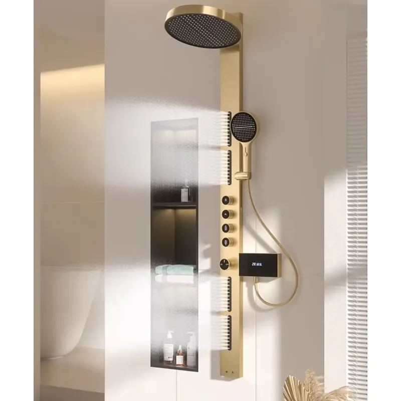 Brass Rainfall Shower Panel Set Digital Display Wall Mounted Bathroom SPA System Multifunctional Smart Shower Head Kit for