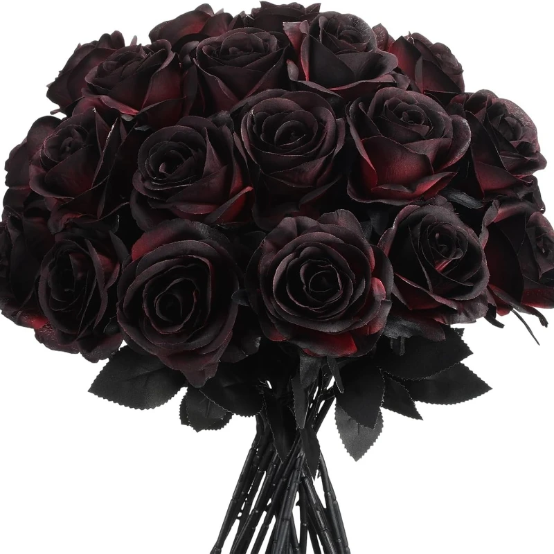 5/10pcs Halloween Artificial Black Wine Red Rose Gothic Fake Flower Décor Photography Prop for Spooky Party Theme
