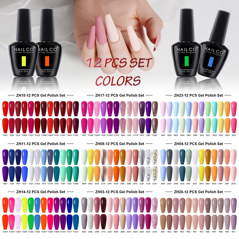 NAILCO 12pcs/Set Gel Nail Polish 15ml LED Gellak Soak Off UV Gel Varnish Red Color Glitter Nail Gel Polish DIY Nail Art Lacquer