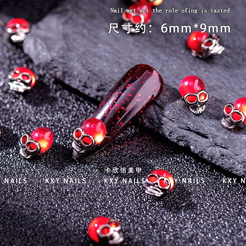 10PCS Red Skull Nail Charms Accessories Luxury Alloy 3D Nail Art Decoration Supplies Materials Halloween Manicure Decor Parts S