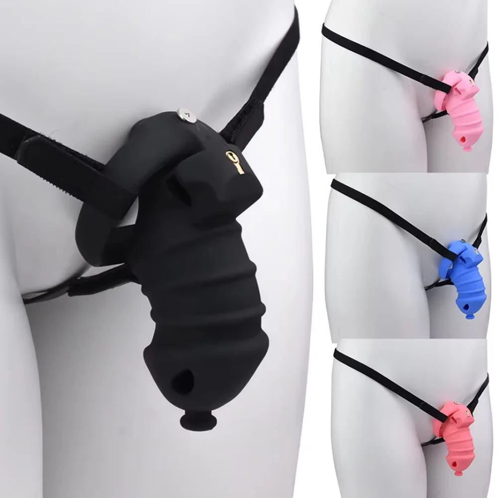 FRKO Soft Silicone Long Male Penis Chastity Cage Set 4 Cock Rings with Harness Belt Bondage Slave Men Sex Toys For Couples Gay