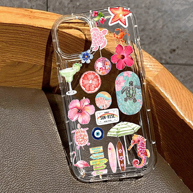 Flower Surfboard Print Clear Case for iPhone 11 12 13 14 15 16 Pro Max 16E Mini SE2 XR XS X 7 8 Plus Airbag Anti-fall TPU Cover