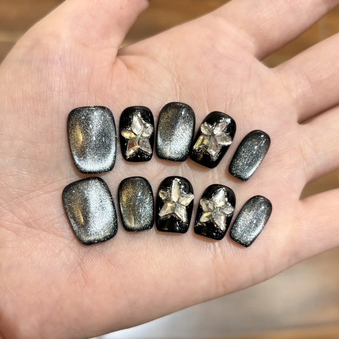 10Pcs False Nails Full Cover Black Glitter Handmade Short Finished Aurora Square Press on Nails Tip Star Shape Diamond Fake Nail