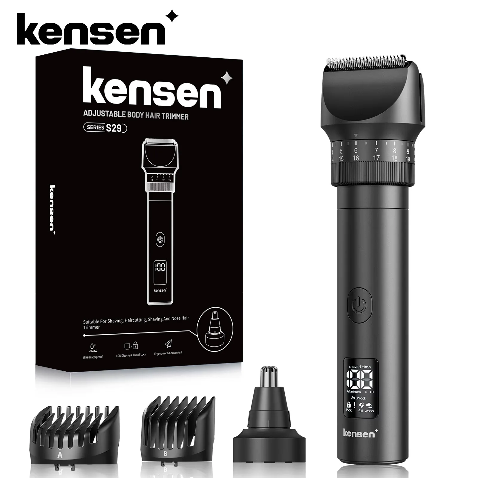 Kensen S29 Hair Trimmer for Men 2 in 1 Adjustable Hair Clipper Kit Electric Razor Dry/Wet Hair Cutting Machine Nose Hair Trimmer