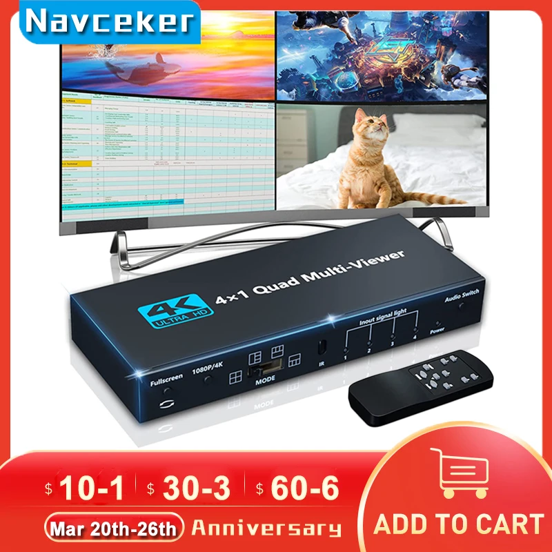 4K HDMI-compatible Multiviewer 4x1 1080P Quad Screen Multi Viewer HDMI Multi-Viewer Splitter Seamless Switcher with IR for PC
