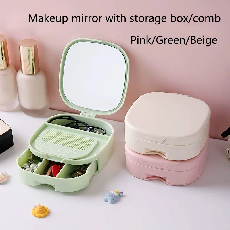 Portable Desktop Makeup Mirror with Storage Box and Comb Dormitory High-Definition Folding Vanity Mirrors Multi-Cosmetic Mirrors