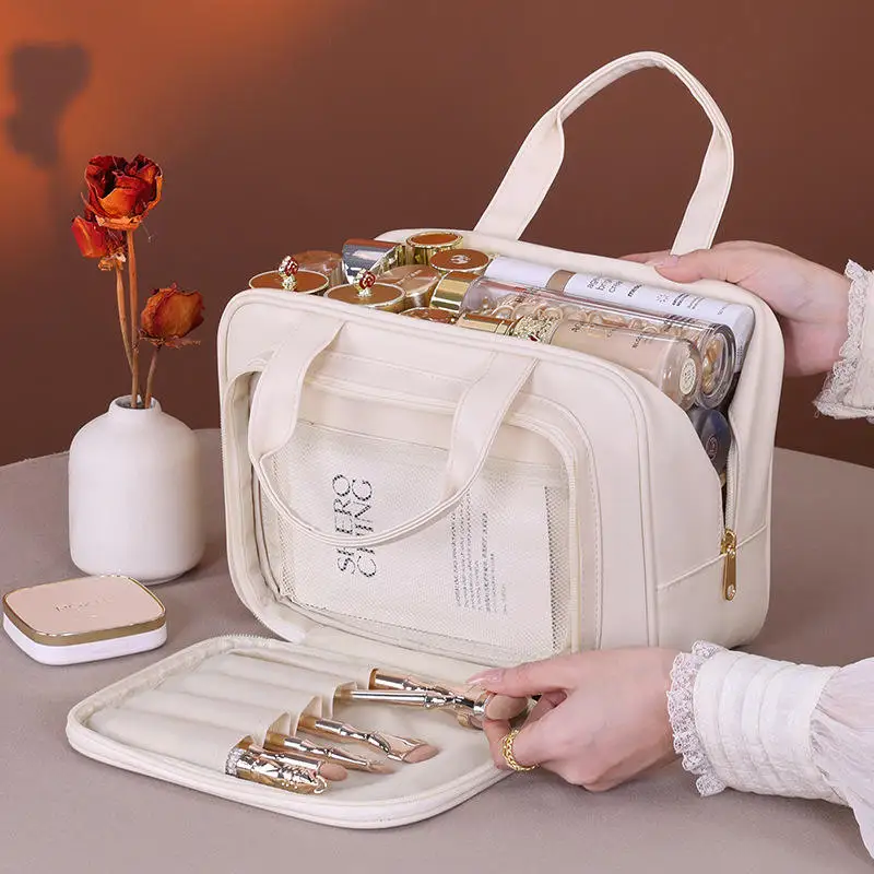 Double-Layer PU  Leather Cosmetic Bag  For Women Portable Storage Makeup Bag Large Capacity Travel Toiletry Storage Bag