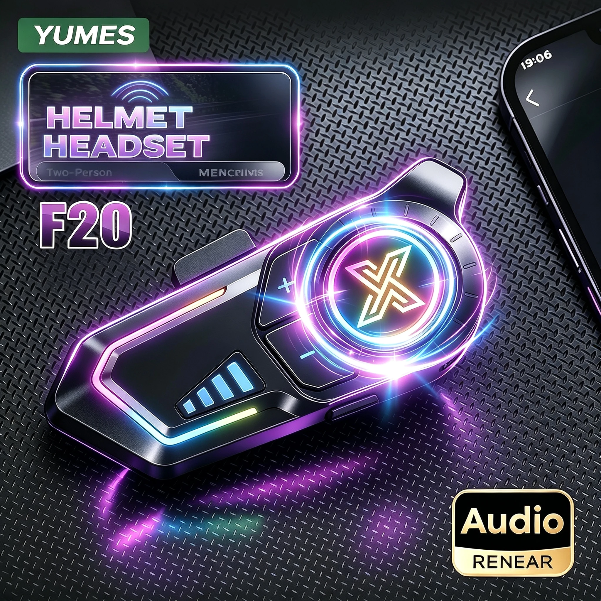 YUMES F20 Motorcycle Helmet Bluetooth Headset – Bluetooth 6.1, 45H Battery, IP67 Waterproof, RGB Lights & AI Voice Assistant