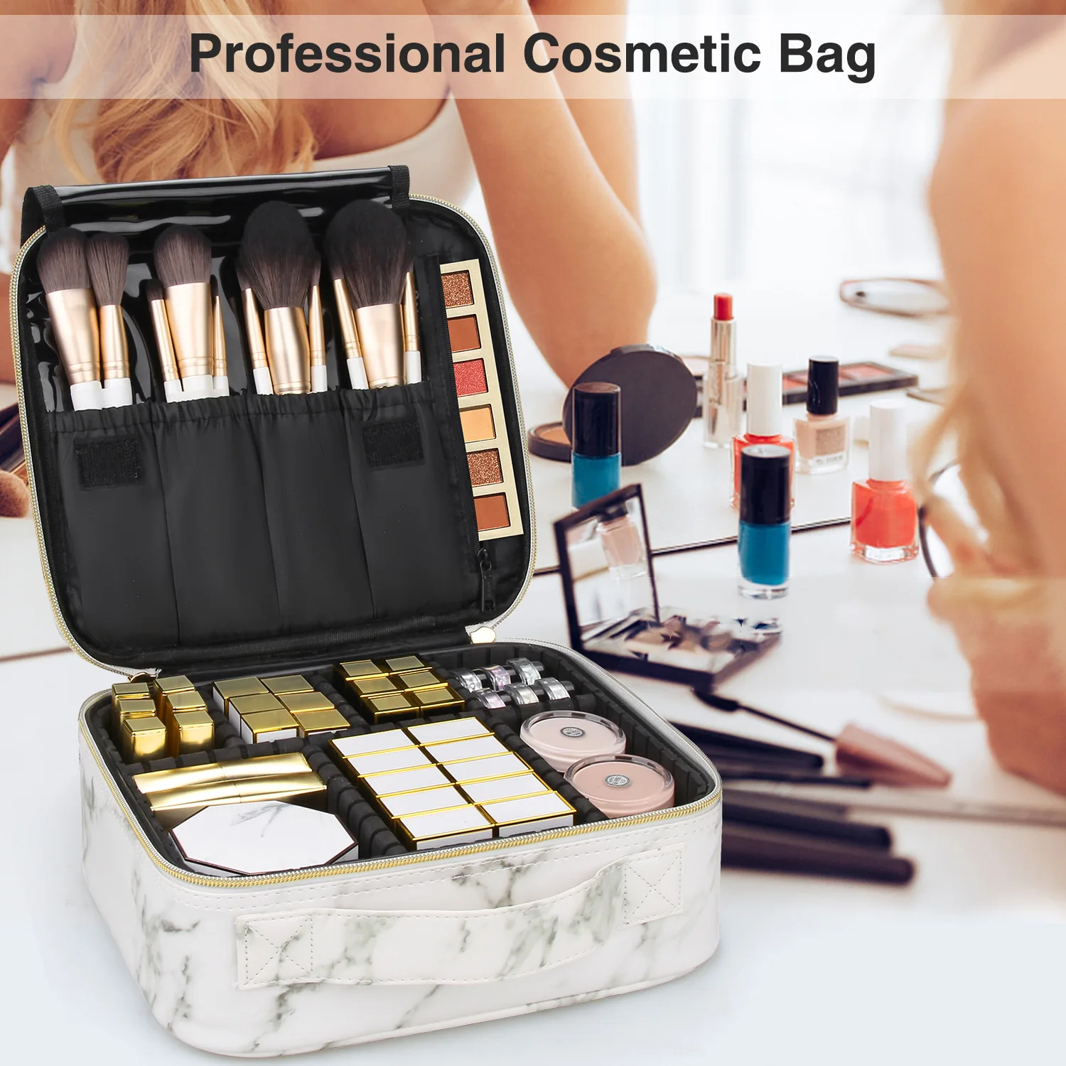 PU Makeup Bag Marble Pattern Portable Large Capacity Makeup Storage Bag Multi functional Travel Makeup Toolbox