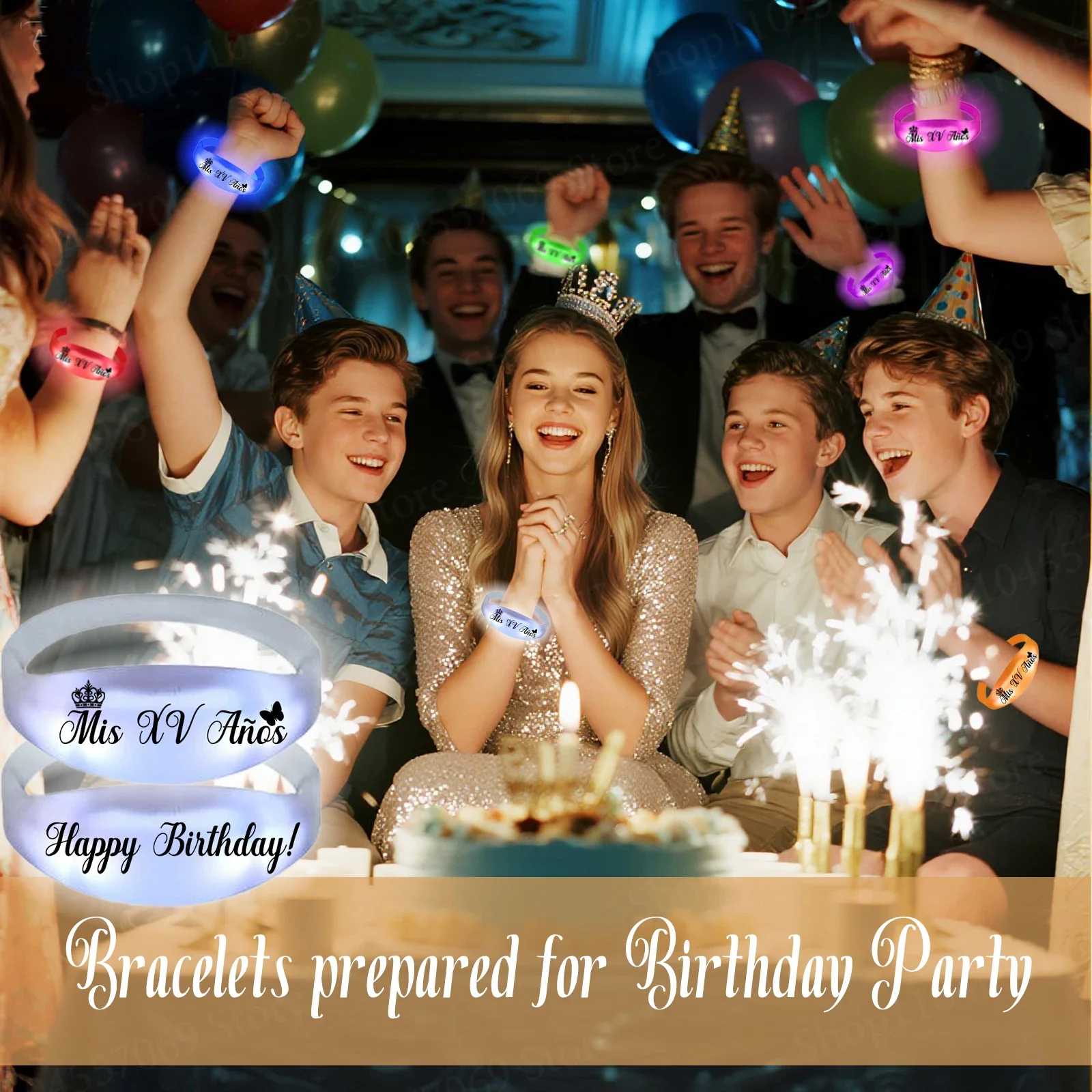 Mis XV Años LED Bracelet 20-300Pcs Music & Sound Activated Light up Bracelets for 15th Birthday Girls Party Favors