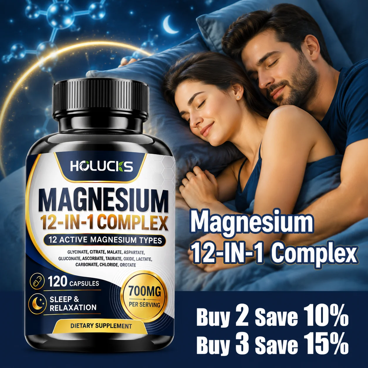 12-in-1 Magnesium Complex Capsules, with Glycinate Citrate Malate Taurate, Support Deep Sleep, Calm Stress & Muscle Relaxation