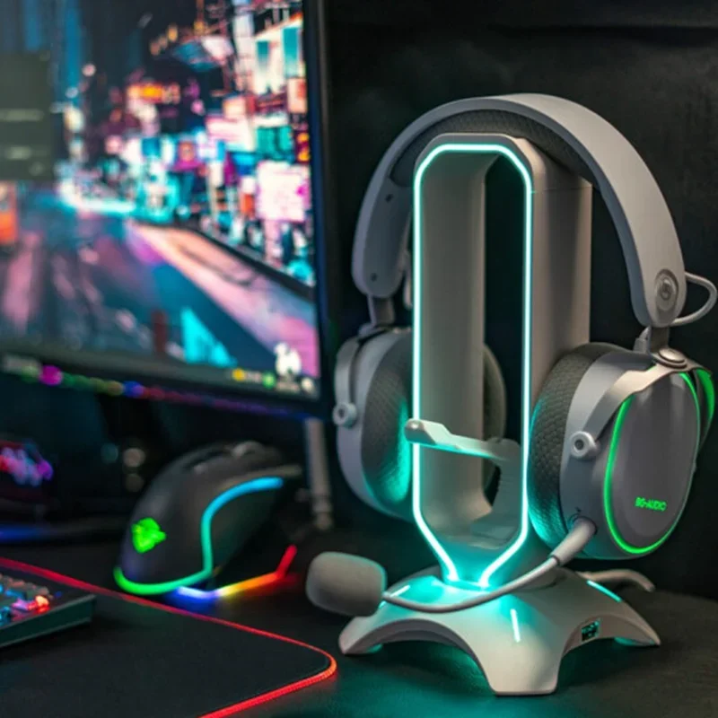 LED Gaming Headset Stand Dual USB Port Organizer Pink Audio Display Rack Stable Durable Accessory Holder Eye-Catching Design
