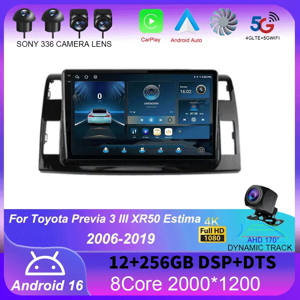 Android 16 Auto Car Radio For Toyota Previa 3 III XR50 Estima 2006 - 2019 Multimedia QLED Screen Navigation GPS No 2 Din Player