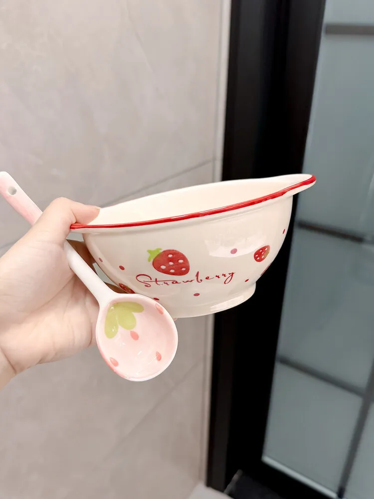Strawberry Ceramic Salad Bowl Cute Student Eating Two Ears Anti Scalding Home Steamed Egg Bowl Soup Bowl