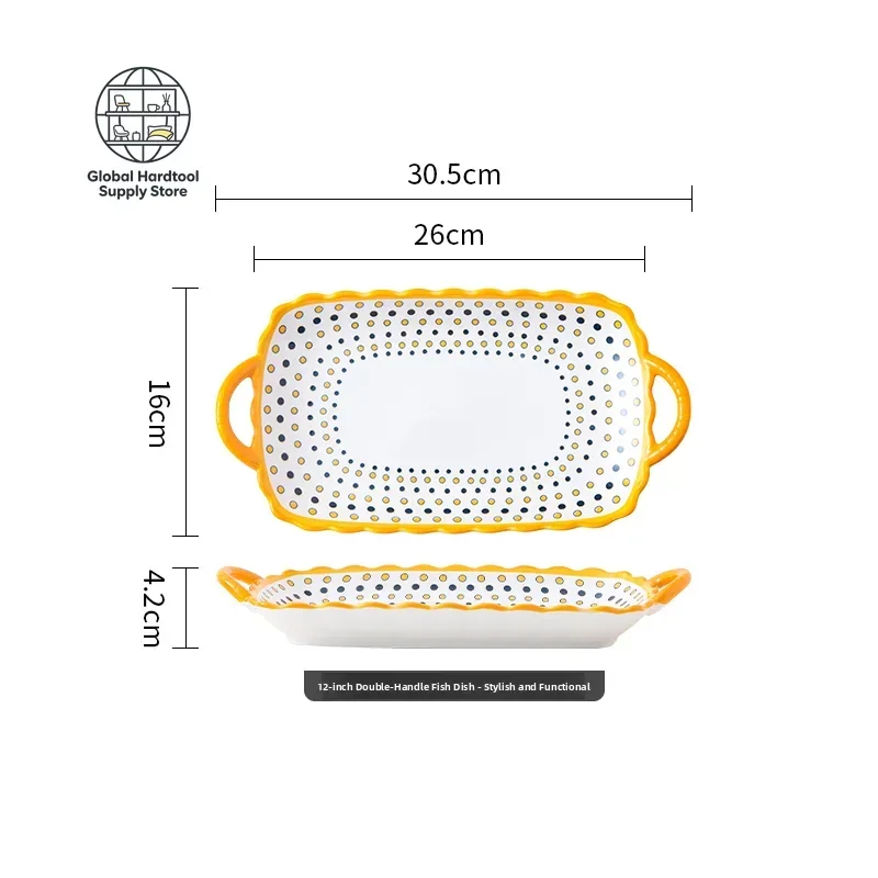 Nordic Ceramic Fish Plate Steamed Fish Dish Large Size Microwave Safe Rectangle Plate Double Ears  Style Adult Use