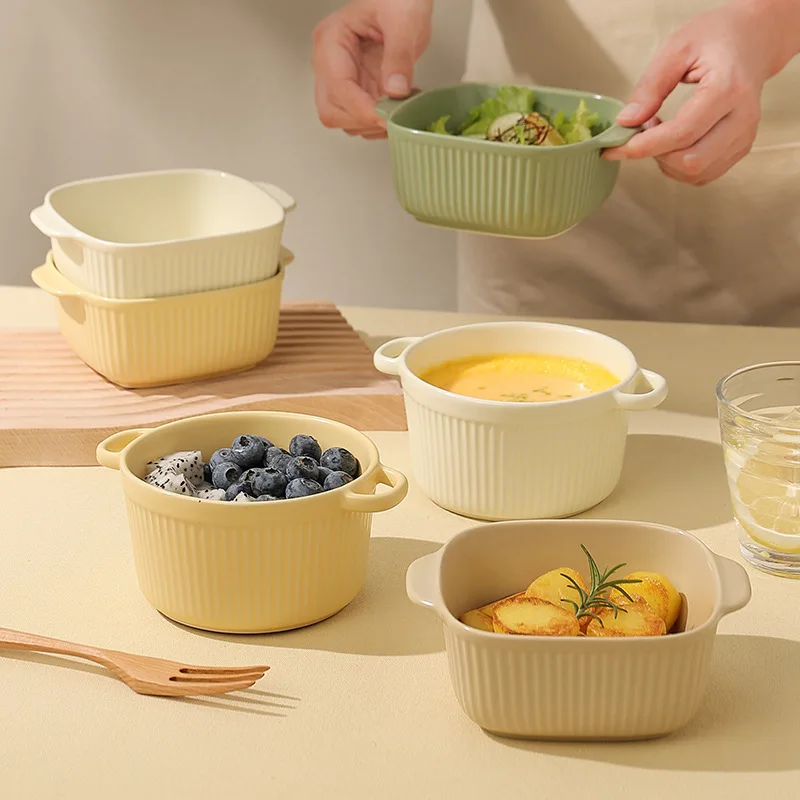 Souffle baked ceramic double-ear bowl air fryer egg custard steamed egg for home plate bowl