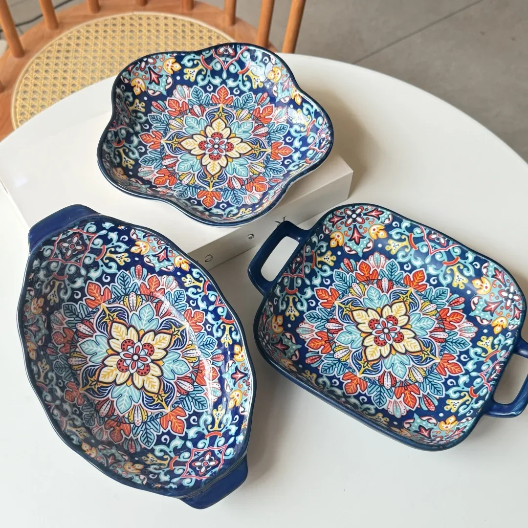 Bohemian Ceramic Plate Set, Double-Eared Fish Plate, Household Steamed Fish Plate, High-Value Salad Plate, Cooking Plate