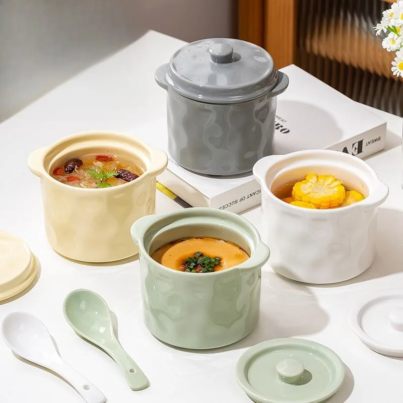 Double Ear Ceramic Water-resistant Stew Pot, Cream Wind Double Lid Design, Household Bird's Nest Soup Cup Steaming Egg Bowl