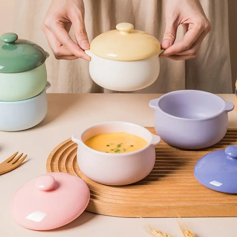 Double Ear Covered Ceramic Stew Pot Cute Heat-resistant Oat Yogurt Bowl Household Infant Food Steaming Egg Soup Stew Pot