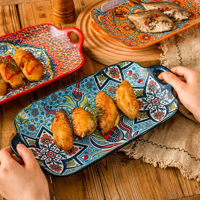 Bohemian Bi-eared Fish Plate Household Steamed Fish Plate High-value Large Rectangular Fish Dish Ceramic Dish Plate
