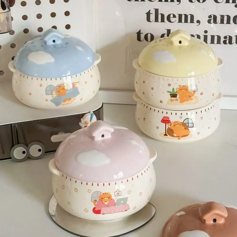 Cute Cat Double Eared Ceramic Steaming Egg Bowl Heat-resistant and Water-resistant Stew Pot Household Steaming Egg Soup Artifact