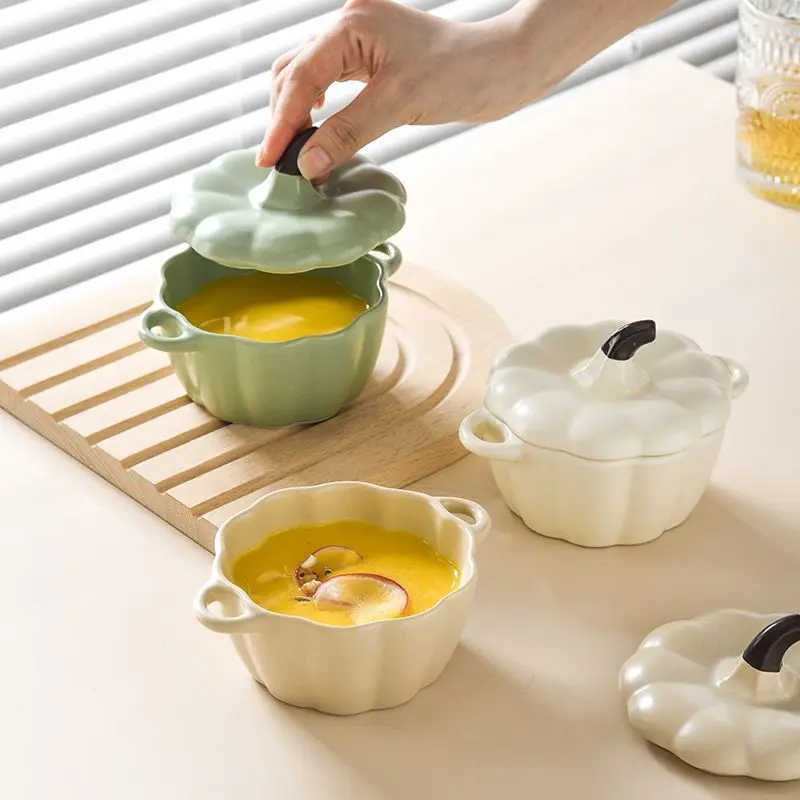 Cute Pumpkin Bowl Ceramic Bowl with Double Ears Ceramic Stew Pot with Lid Home Steamed Egg Shufulei Cake Multi purpose Tableware