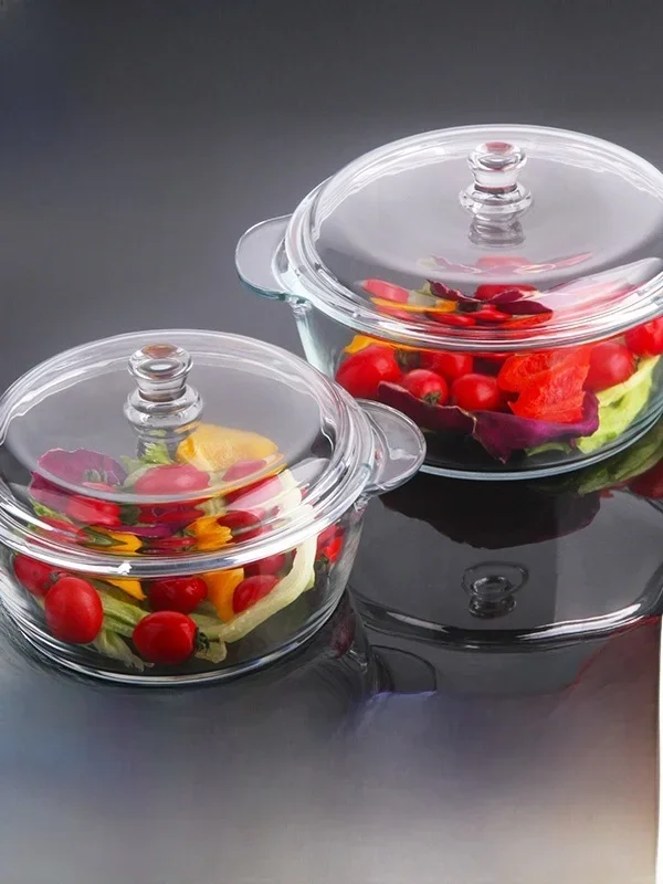 Heat Resistant Glass Bowl with Lid Large Transparent Microwave Safe Double Eared Salad Bowl Egg Steaming Bowl Soup Basin