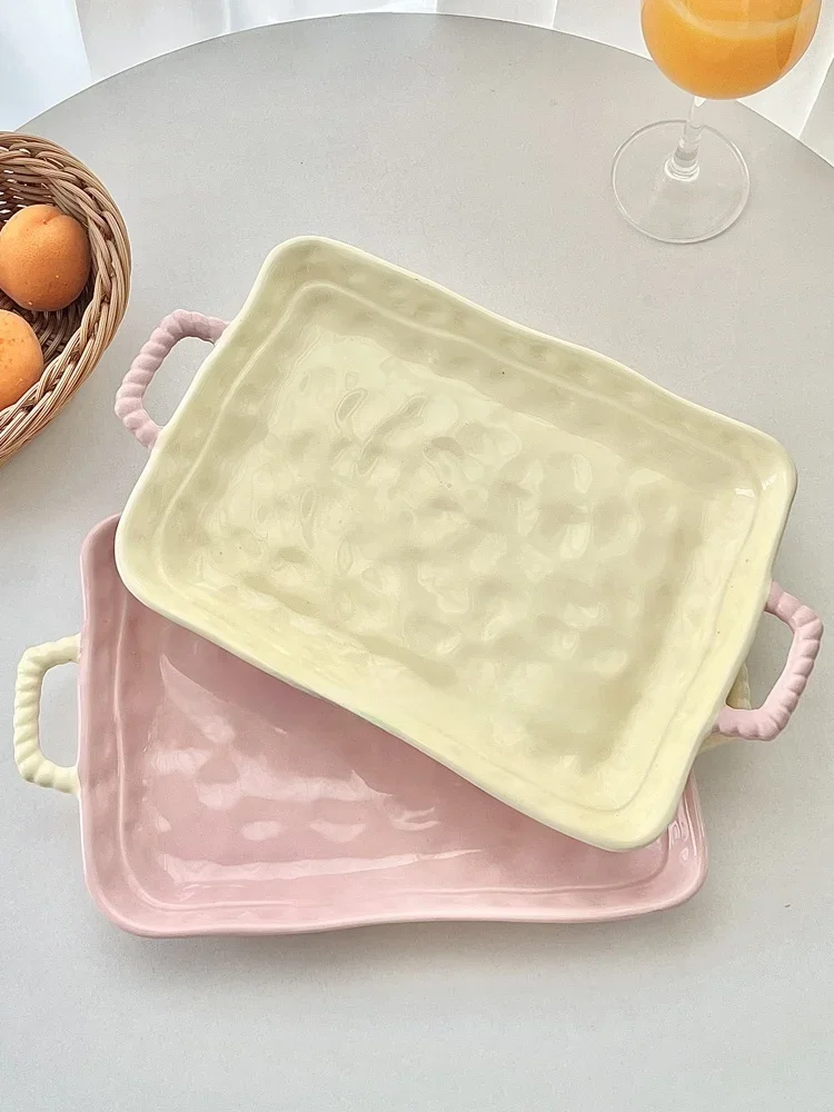 Large Size Ceramic Fish Plate Rectangular Steamed Fish Plate Double Ear Kitchenware Dining Set Cream Color Chinese Style Dish...