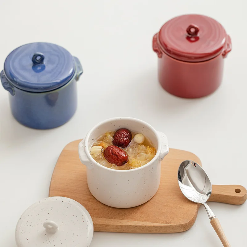 Ceramic Covered Waterproof Stew Pot with Double Ear Heat-resistant Design Household Bird's Nest Soup Cup Steamed Egg Bowl