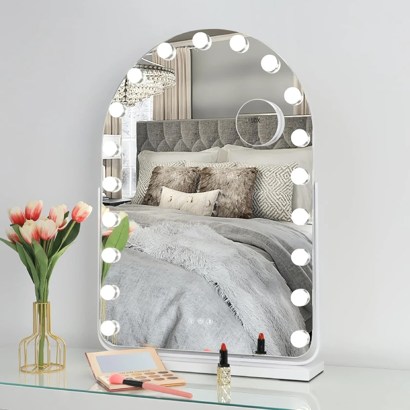Arched Beauty Mirror with Lights Touch Screen Dimming 360 Rotation 10x Magnifying Plug in Cosmetics Makeup Tabletop Mirror