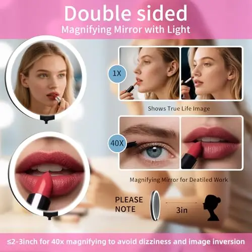 6 Inch Double Sided Mirror 1X 40X Rechargeable Travel Makeup Mirror with Dimmable Touch Screen 3 Color LED Vanity Mirror for