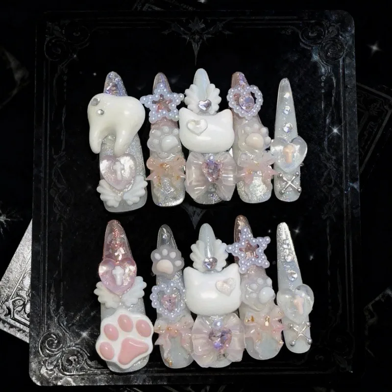 10PCS Sweet Cool White 3D Cat Paw Bow Stiletto Press on Nails Handmade Cute Heart Rhinestone Star with Pearl Wearable Fake Nails