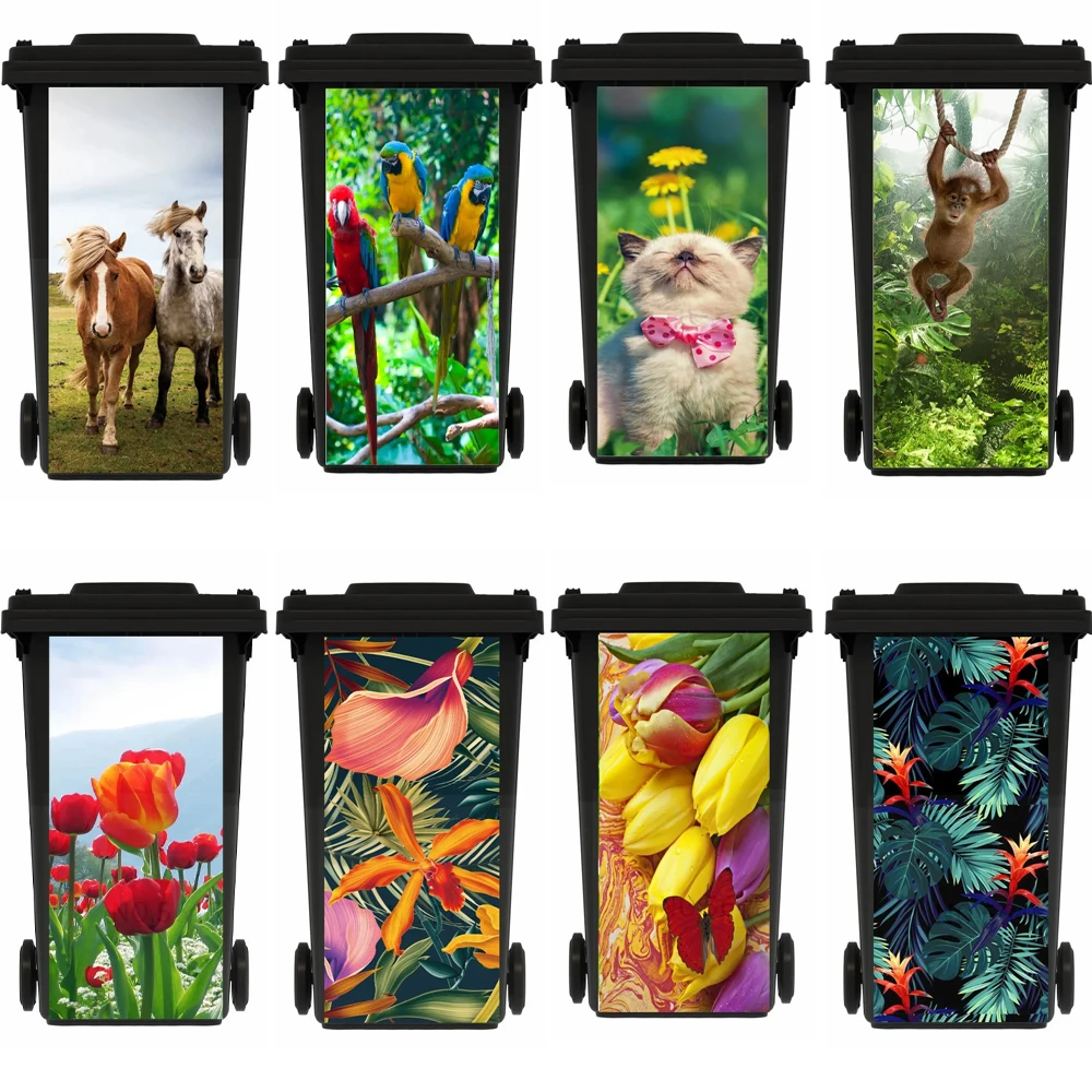 Funny Cat Large Trash Can Sticker Outdoor Dustbin Decoration Wallpaper Self-adhesive PVC Floral Decal Rubbish Bin Sticker Flower