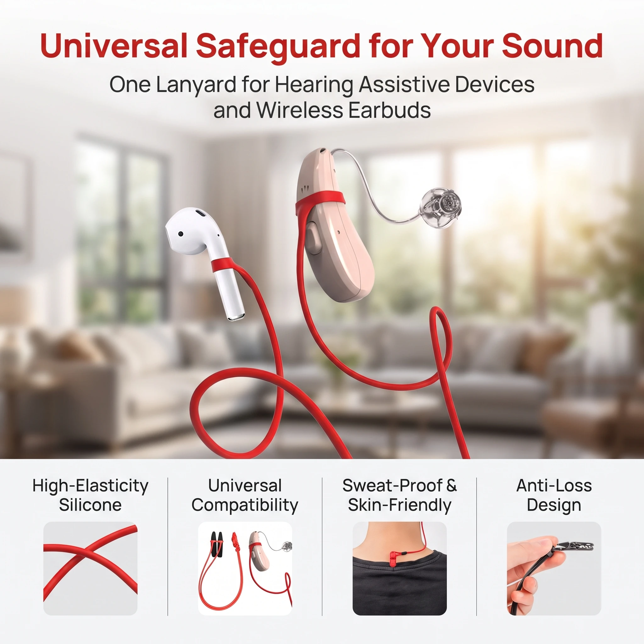 Silicone Elastic Anti Lost Clip Lanyard Waterproof Holder Cord For BTE Hearing Aids Universal For Glasses Bluetooth HePortable