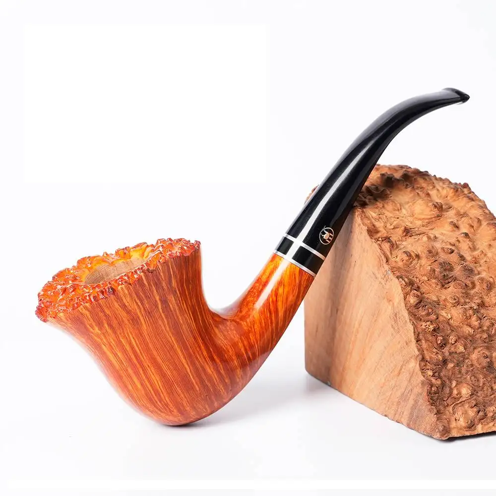 Muxiang High Quality Handcrafted Light Colored Glossy Burl Double Aluminum Ring Portable Briar Wood Pipe 9mm Filter