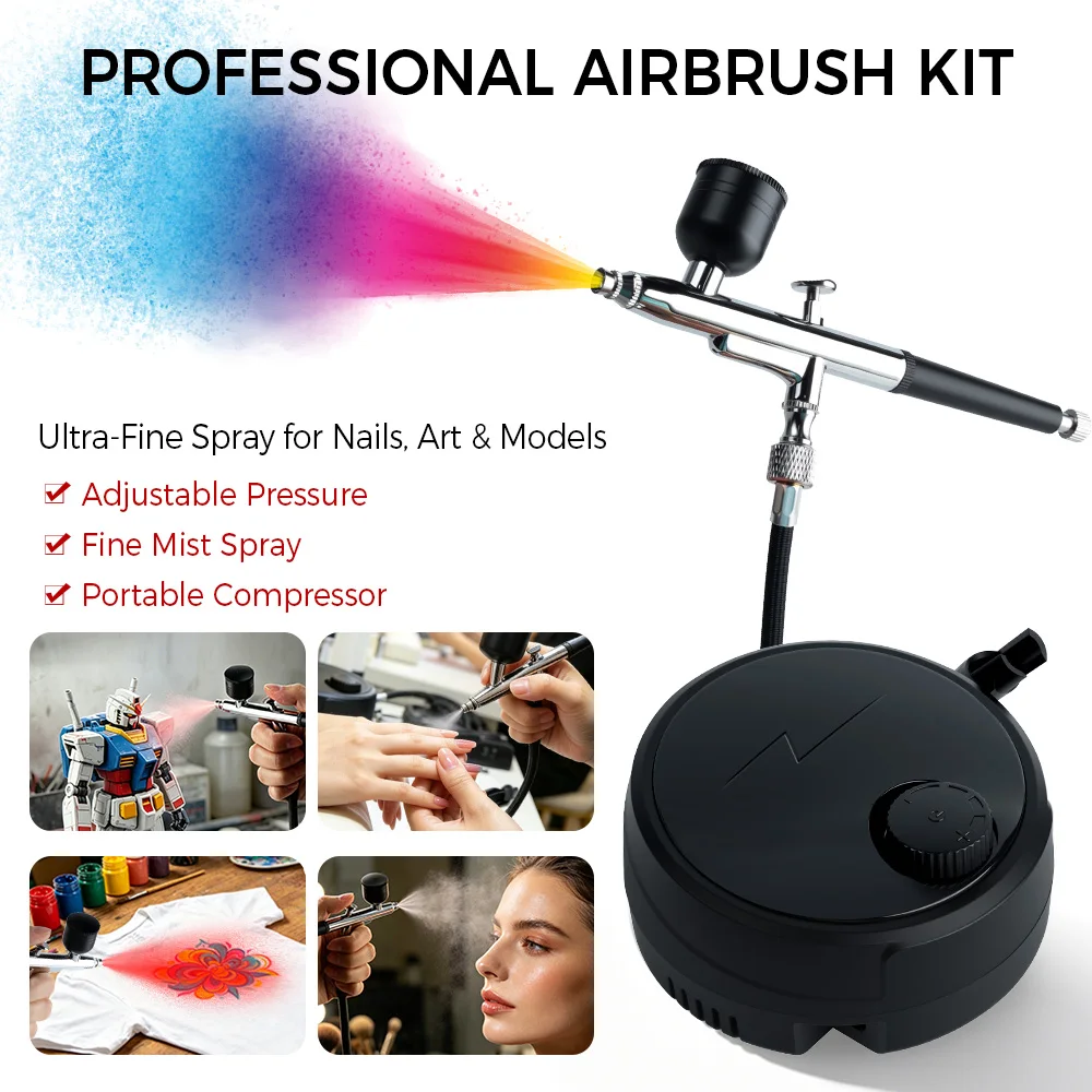 Airbrush Kit with Compressor 0.3mm Nozzle Portable Set 3 Cups Adjustable Pressure Nails Art Model Paint Cake Decor Facial Mist