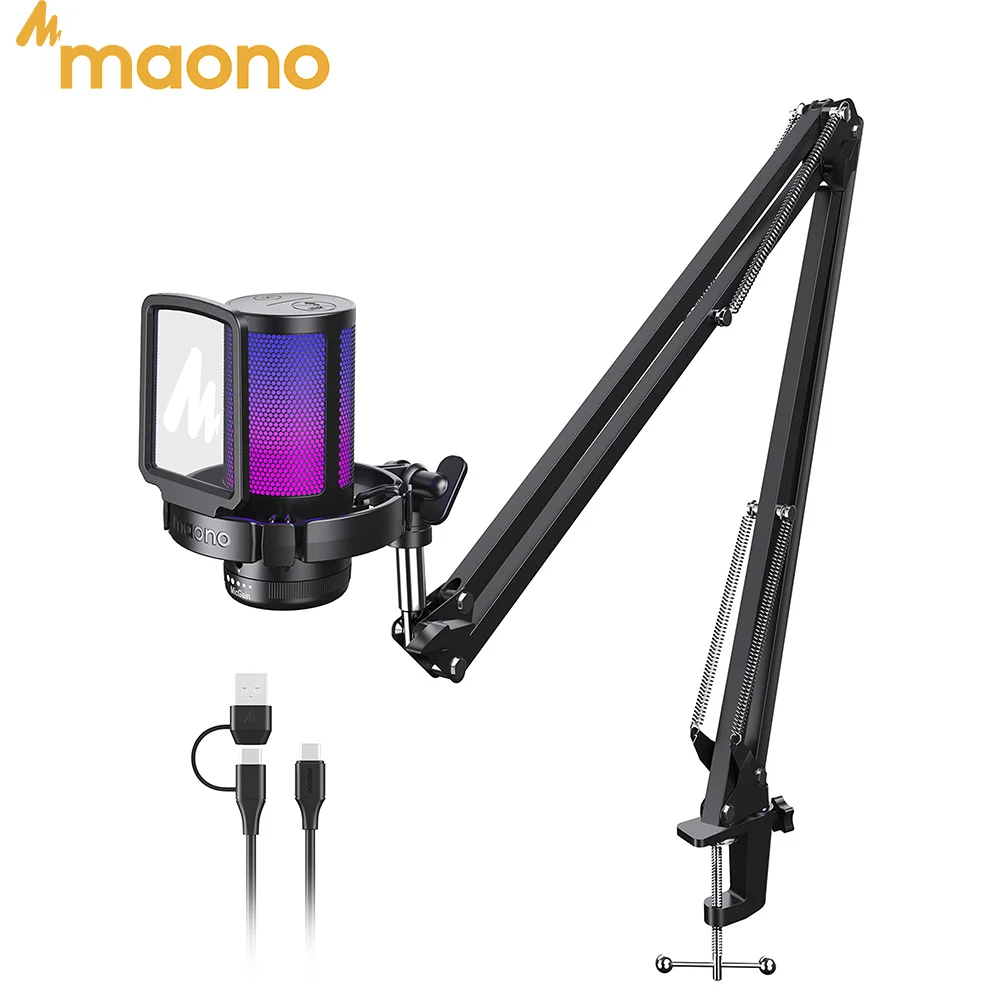 MAONO DGM20S Gaming USB Microphone Noise Cancellation RGB Lights Mute Zero Latency Monitoring for Living Streaming Podcasting