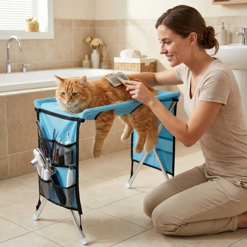 Folding Pet Grooming Hammock Quick Drying with Support Frame Pet Washing Station Anti-Scratch Adjustable Cat Bathing Rack