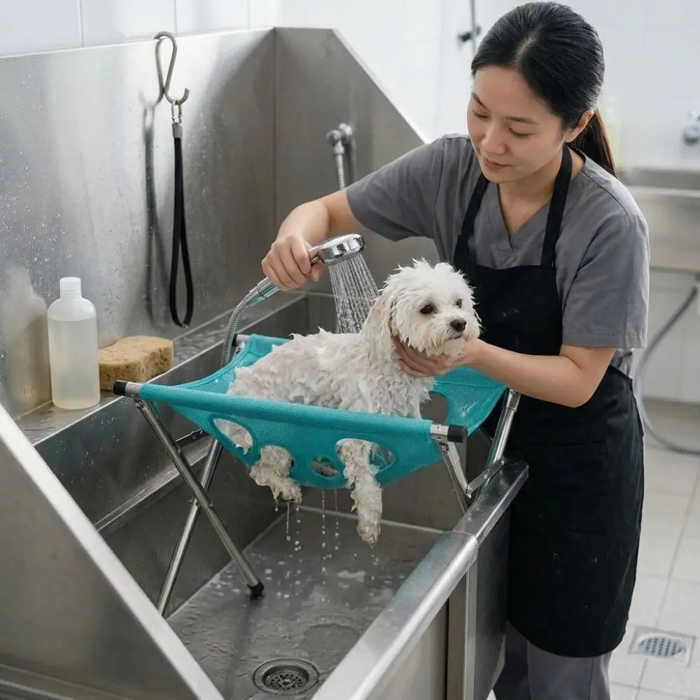 Folding Pet Grooming Hammock Anti-Scratch with Support Frame Pet Washing Station Quick Drying Sturdy Cat Bathing Rack